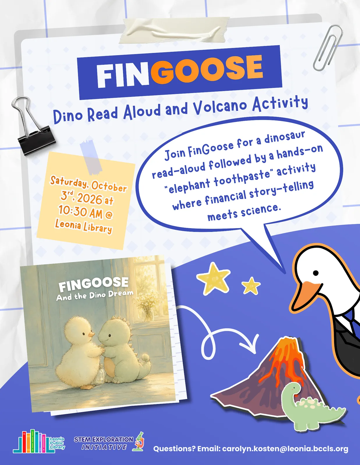 FinGoose Dino Read-Aloud and Volcano Activity flyer